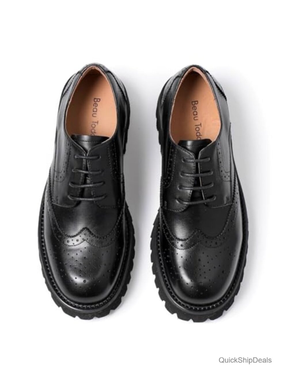 Women's Genuine Leather Platform Oxfords, Round Toe Lace-Up Brogue Wingtip